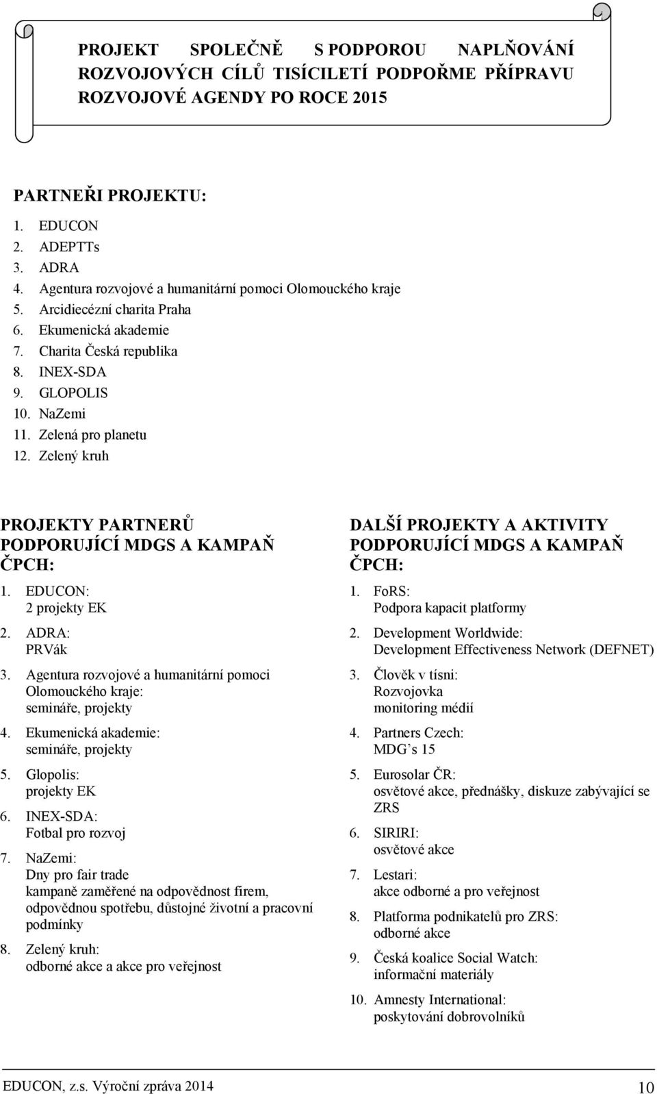 Zelený kruh PROJEKTY PARTNERŮ PODPORUJÍCÍ MDGS A KAMPAŇ ČPCH: 1. EDUCON: 2 projekty EK 2. ADRA: PRVák 3. Agentura rozvojové a humanitární pomoci Olomouckého kraje: semináře, projekty 4.