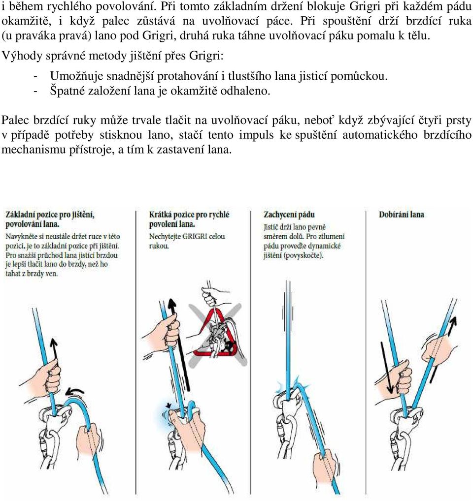 Výhody správné metody jištění přes Grigri: - Umožňuje snadnější protahování i tlustšího lana jisticí pomůckou. - Špatné založení lana je okamžitě odhaleno.