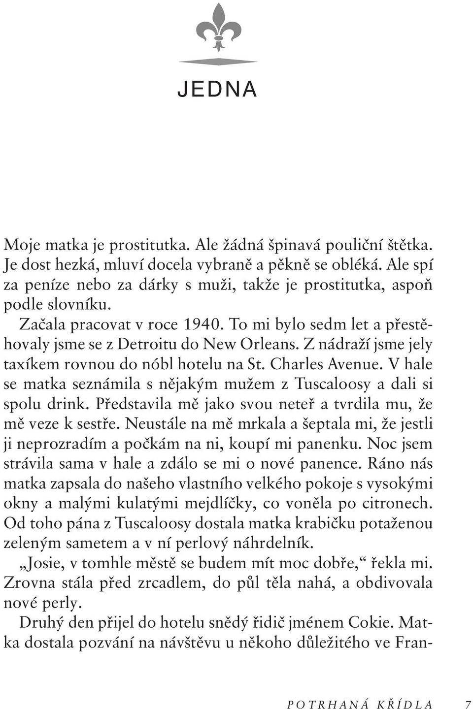 Z nádraží jsme jely taxíkem rovnoudo nóbl hoteluna St. Charles Avenue. V hale se matka seznámila s nějakým mužem z Tuscaloosy a dali si spoludrink.