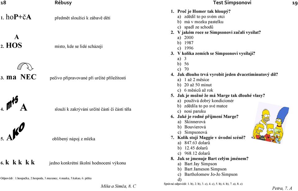 Proč je Homer tak hloupý? a) zdědil to po svém otci b) má v mozku pastelku c) spadl ze schodů 2. V jakém roce se Simpsonovi začali vysílat? a) 2000 b) 1987 c) 1996 3.