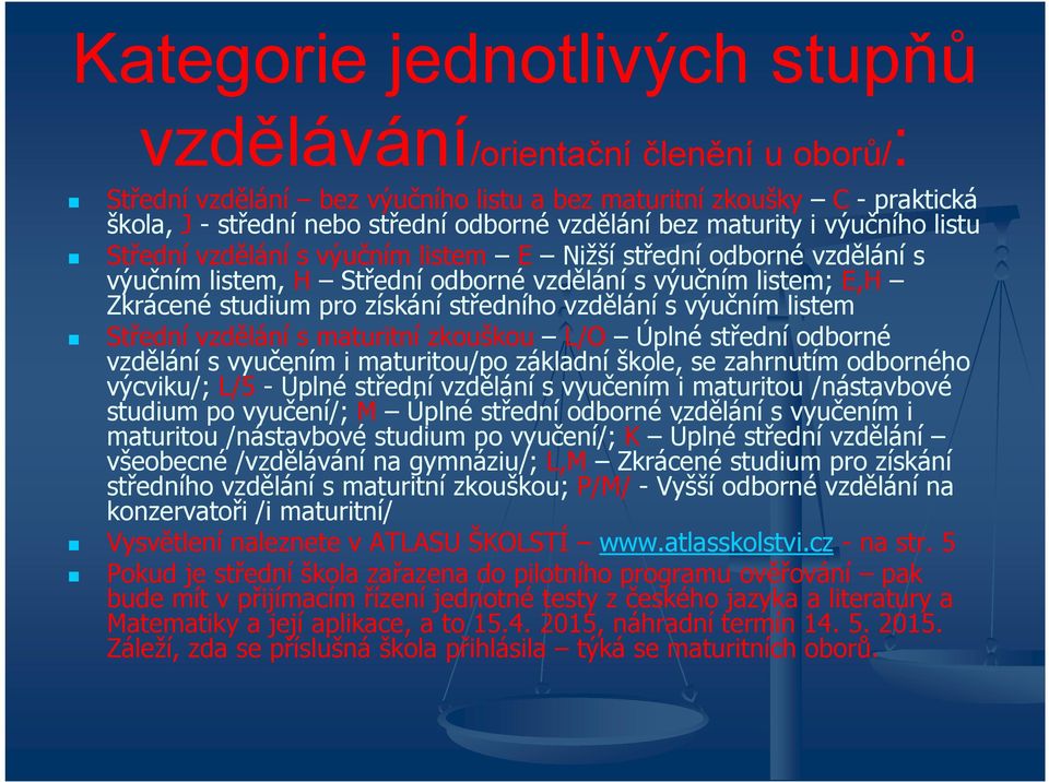 vzdělání s výučním listem Střední vzdělání s maturitní zkouškou L/O Úplné střední odborné vzdělání s vyučením i maturitou/po základní škole, se zahrnutím odborného výcviku/; L/5 - Úplné střední