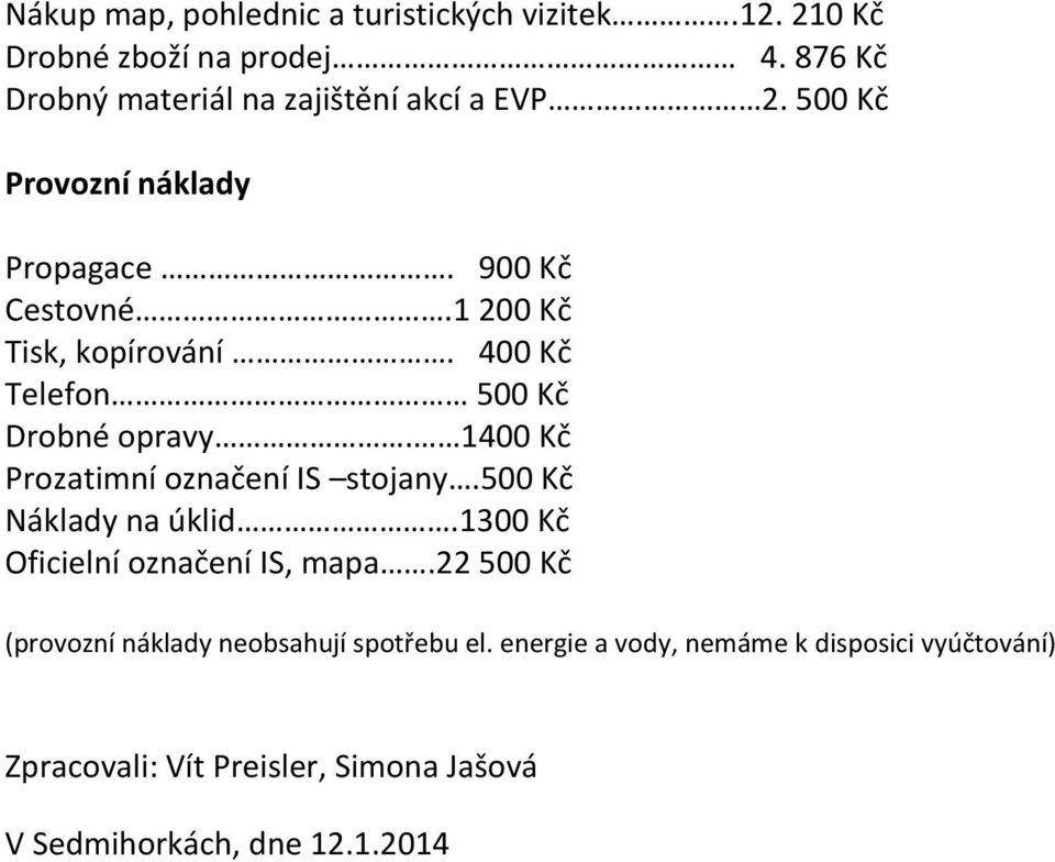 400 Kč Telefon 500 Kč Drobné opravy. 1400 Kč Prozatimní označení IS stojany.500 Kč Náklady na úklid.