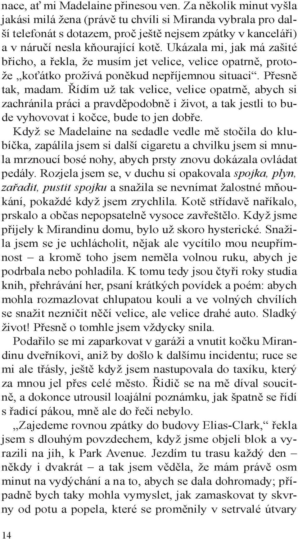 Ukázala mi, jak má zašité břicho, a řekla, že musím jet velice, velice opatrně, protože koťátko prožívá poněkud nepříjemnou si tuaci. Přesně tak, madam.