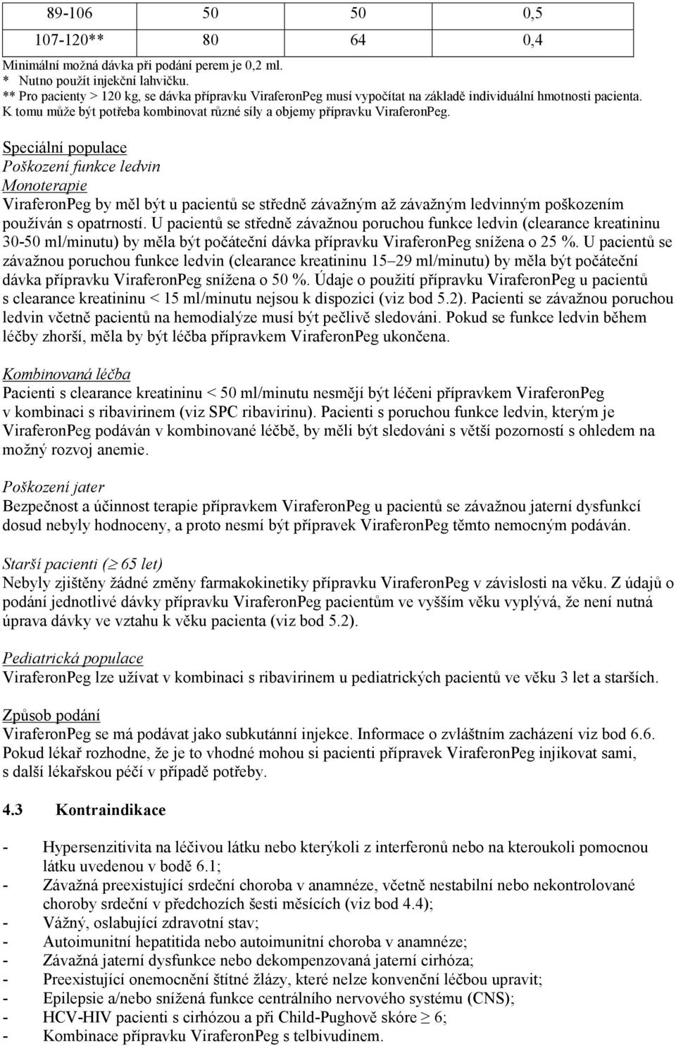Speciální populace Poškození funkce ledvin Monoterapie ViraferonPeg by měl být u pacientů se středně závažným až závažným ledvinným poškozením používán s opatrností.