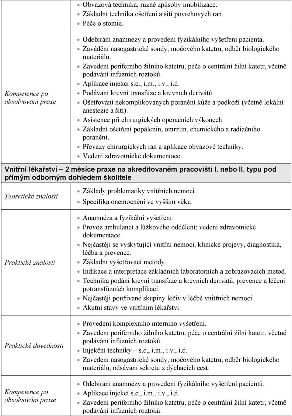 Zavedení periferního žilního katetru, pée o centrální žilní katetr, vetn podávání infúzních roztok. Aplikace injekcí s.c., i.m., i.v., i.d. Podávání krevní transfúze a krevních derivát.