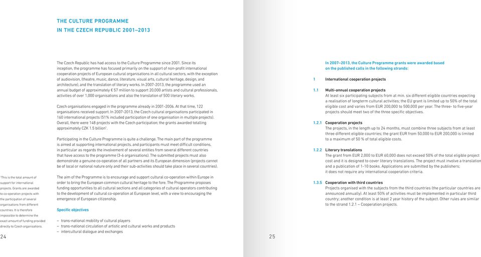 It is therefore impossible to determine the exact amount of funding provided directly to Czech organisations. The Czech Republic has had access to the Culture Programme since 2001.