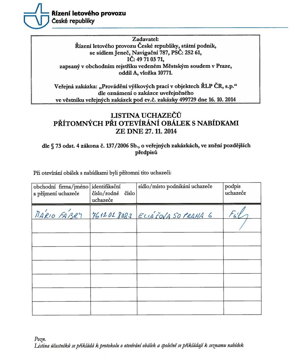 zakázky 499729 dne 16. 10. 2014 LISTINA UCHAZEČŮ PŘÍTOMNÝCH PŘI OTEVÍRÁNÍ OBÁLEK S NABÍDKAMI ZE DNE 27. 11. 2014 dle 73 odst. 4 zákona č. 137/2006 Sb.