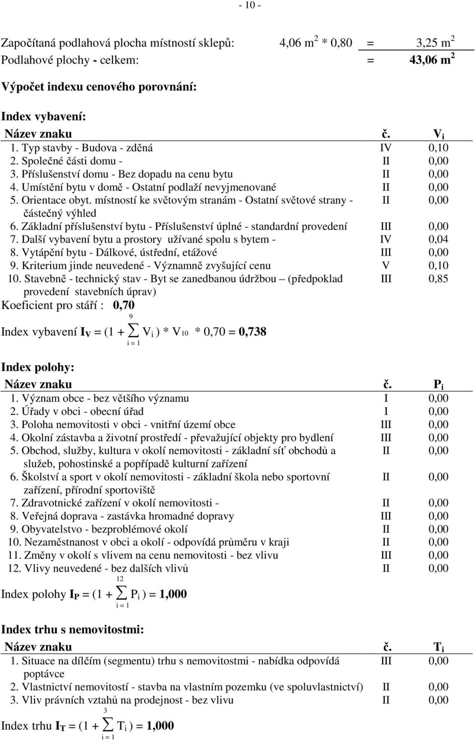 Orientace obyt. místností ke světovým stranám - Ostatní světové strany - II 0,00 částečný výhled 6. Základní příslušenství bytu - Příslušenství úplné - standardní provedení III 0,00 7.