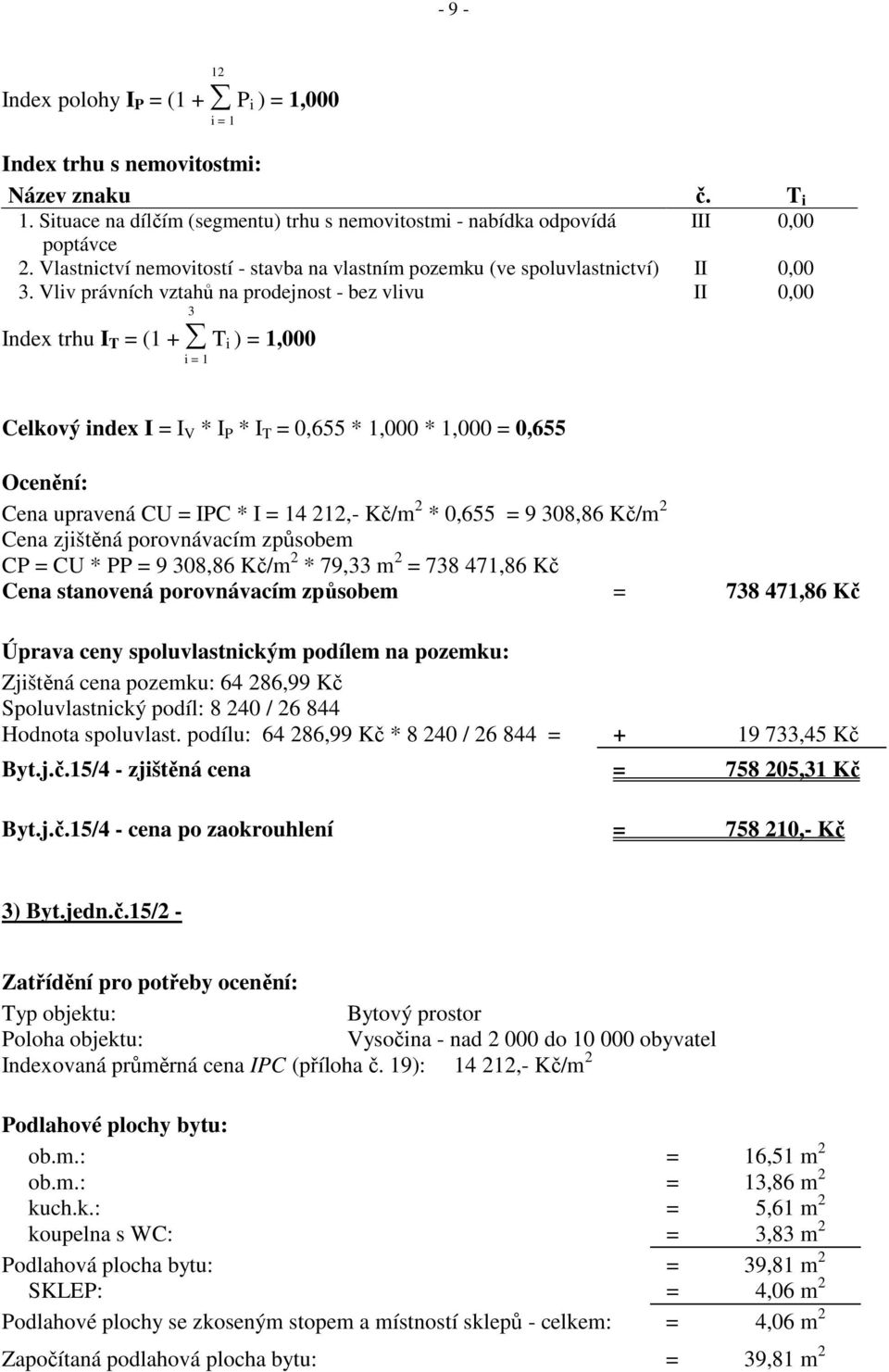 Vliv právních vztahů na prodejnost - bez vlivu II 0,00 3 Index trhu I T = (1 + T i ) = 1,000 i = 1 Celkový index I = I V * I P * I T = 0,655 * 1,000 * 1,000 = 0,655 Ocenění: Cena upravená CU = IPC *