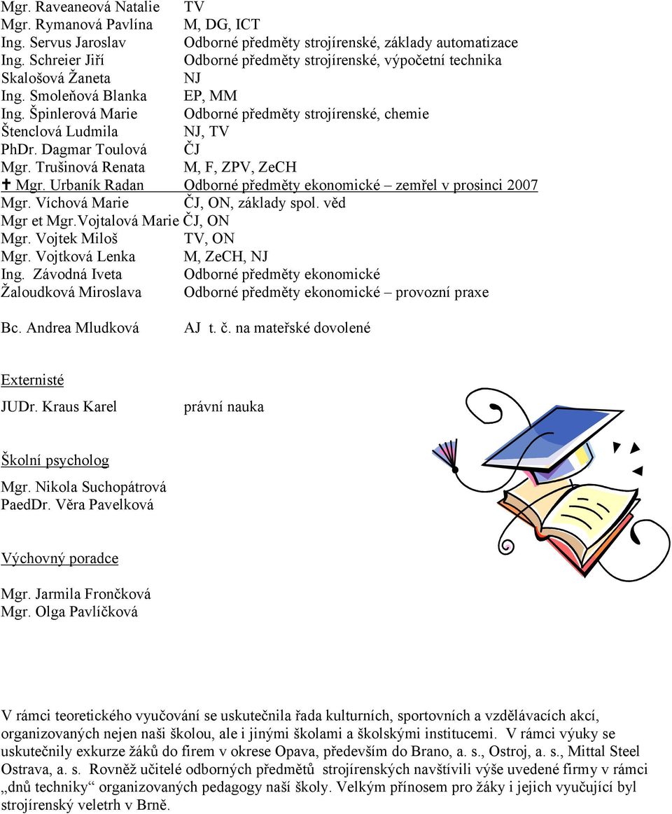 Špinlerová Marie Odborné předměty strojírenské, chemie Štenclová Ludmila NJ, TV PhDr. Dagmar Toulová ČJ Mgr. Trušinová Renata M, F, ZPV, ZeCH Mgr.