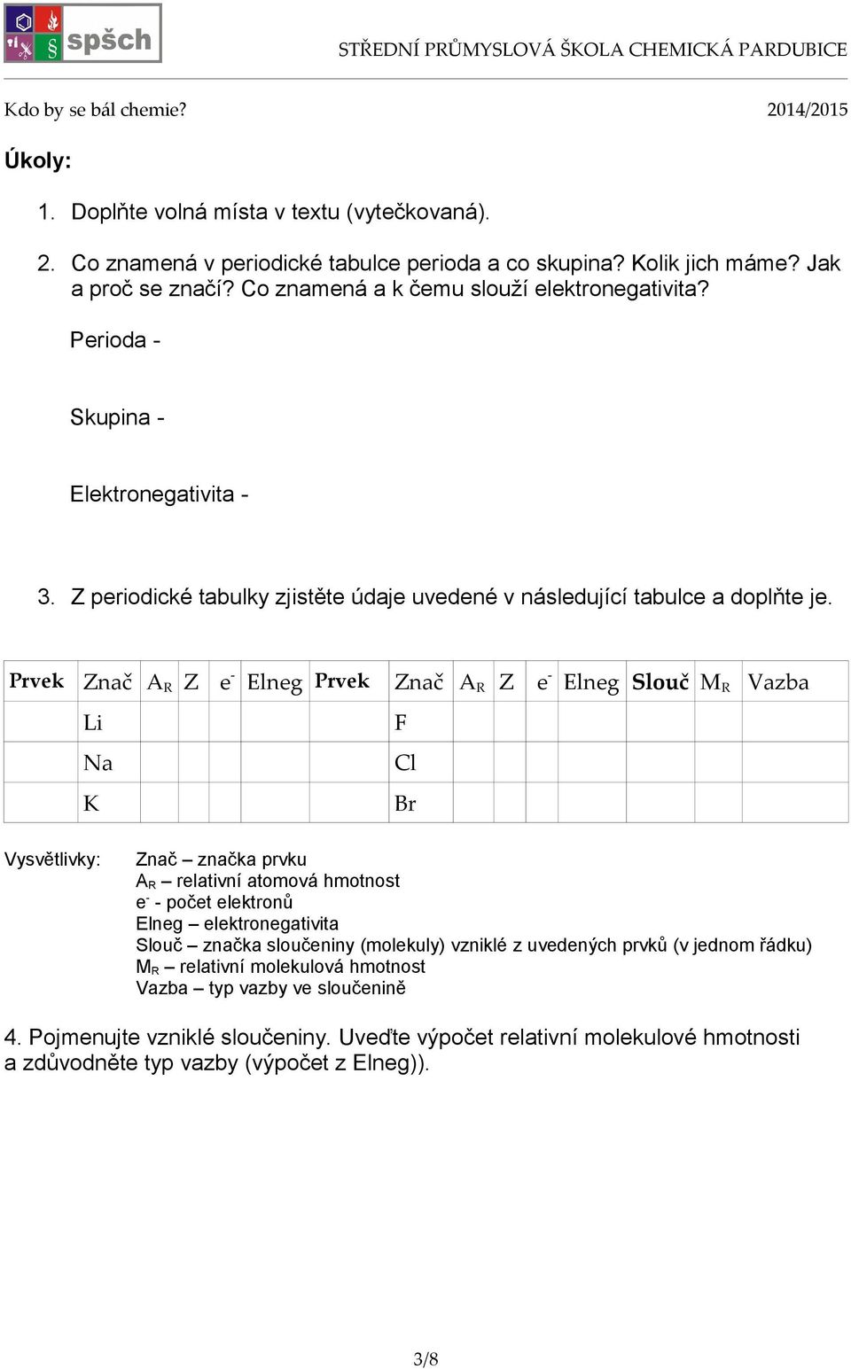 Prvek Znač A R Z e - Elneg Prvek Znač A R Z e - Elneg Slouč M R Vazba Li Na K Vysvětlivky: F Cl Br Znač značka prvku A R relativní atomová hmotnost e - - počet elektronů Elneg