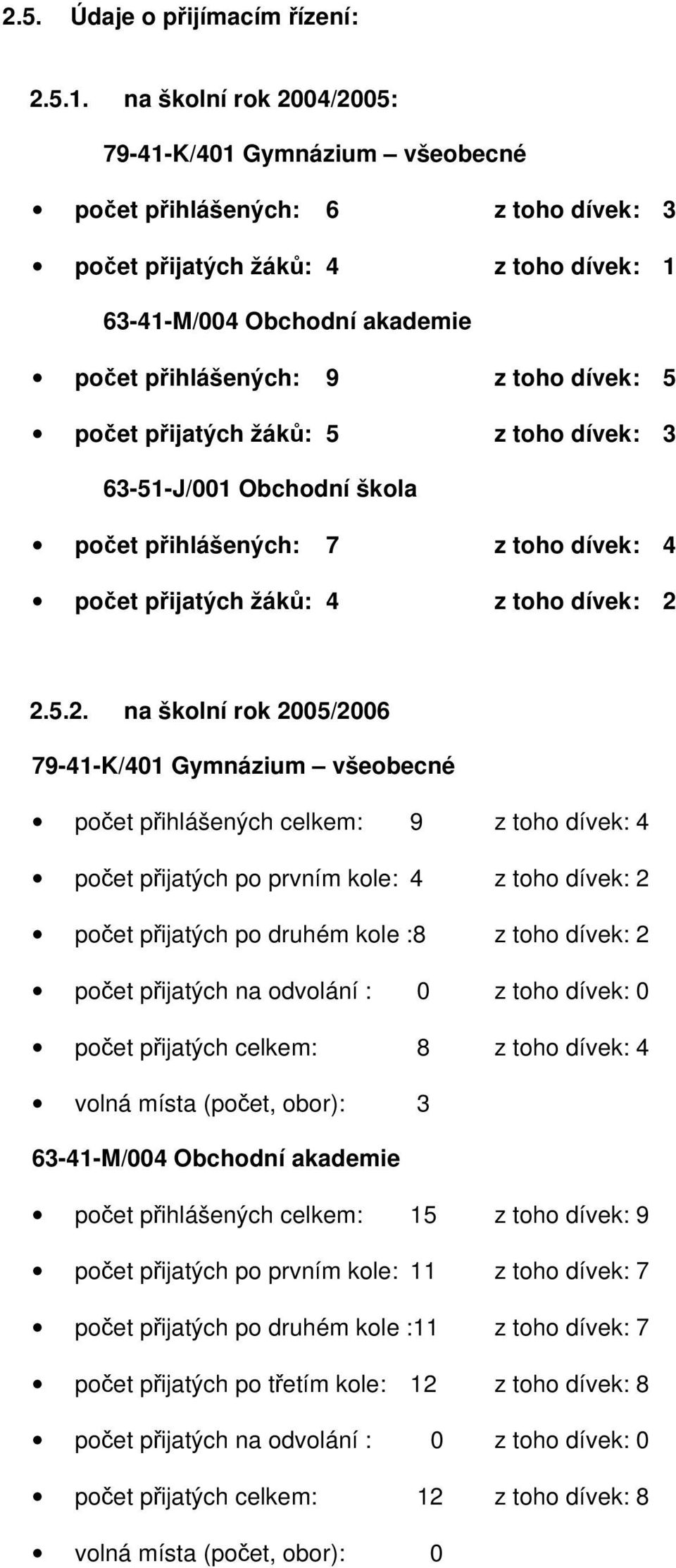 2.5.2. na školní rok 2005/2006 79-4-K/40 Gymnázium všeobecné počet přihlášených celkem: 9 z toho dívek: 4 počet přijatých po prvním kole: 4 z toho dívek: 2 počet přijatých po druhém kole :8 z toho