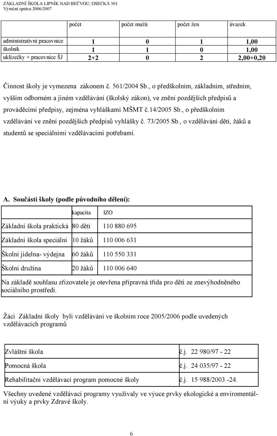 , o předškolním vzdělávání ve znění pozdějších předpisů vyhlášky č. 73/2005 Sb., o vzdělávání dětí, žáků a studentů se speciálními vzdělávacími potřebami. A.