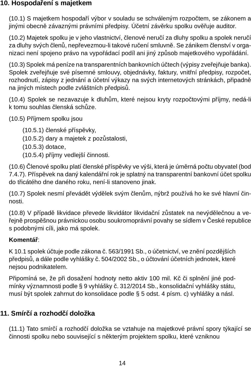 Spolek zveřejňuje své písemné smlouvy, objednávky, faktury, vnitřní předpisy, rozpočet, rozhodnutí, zápisy z jednání a účetní výkazy na svých internetových stránkách, připadně na jiných místech podle