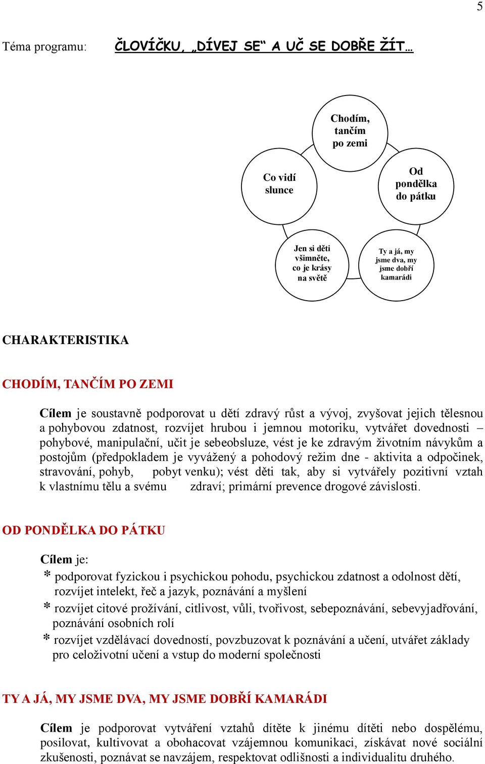 dovednosti pohybové, manipulační, učit je sebeobsluze, vést je ke zdravým životním návykům a postojům (předpokladem je vyvážený a pohodový režim dne - aktivita a odpočinek, stravování, pohyb, pobyt