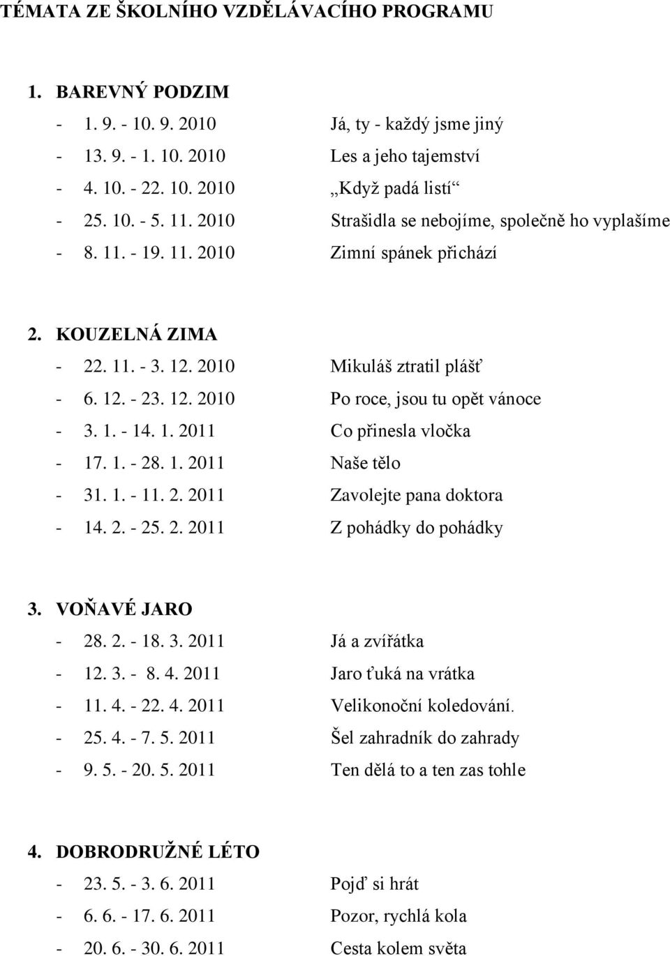 1. - 14. 1. 2011 Co přinesla vločka - 17. 1. - 28. 1. 2011 Naše tělo - 31. 1. - 11. 2. 2011 Zavolejte pana doktora - 14. 2. - 25. 2. 2011 Z pohádky do pohádky 3. VOŇAVÉ JARO - 28. 2. - 18. 3. 2011 Já a zvířátka - 12.