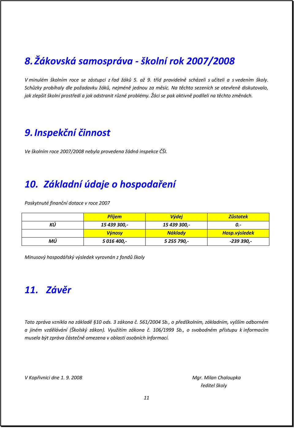 Žáci se pak aktivně podíleli na těchto změnách. 9. Inspekční činnost Ve školním roce 2007/2008 nebyla provedena žádná inspekce ČŠI. 10.