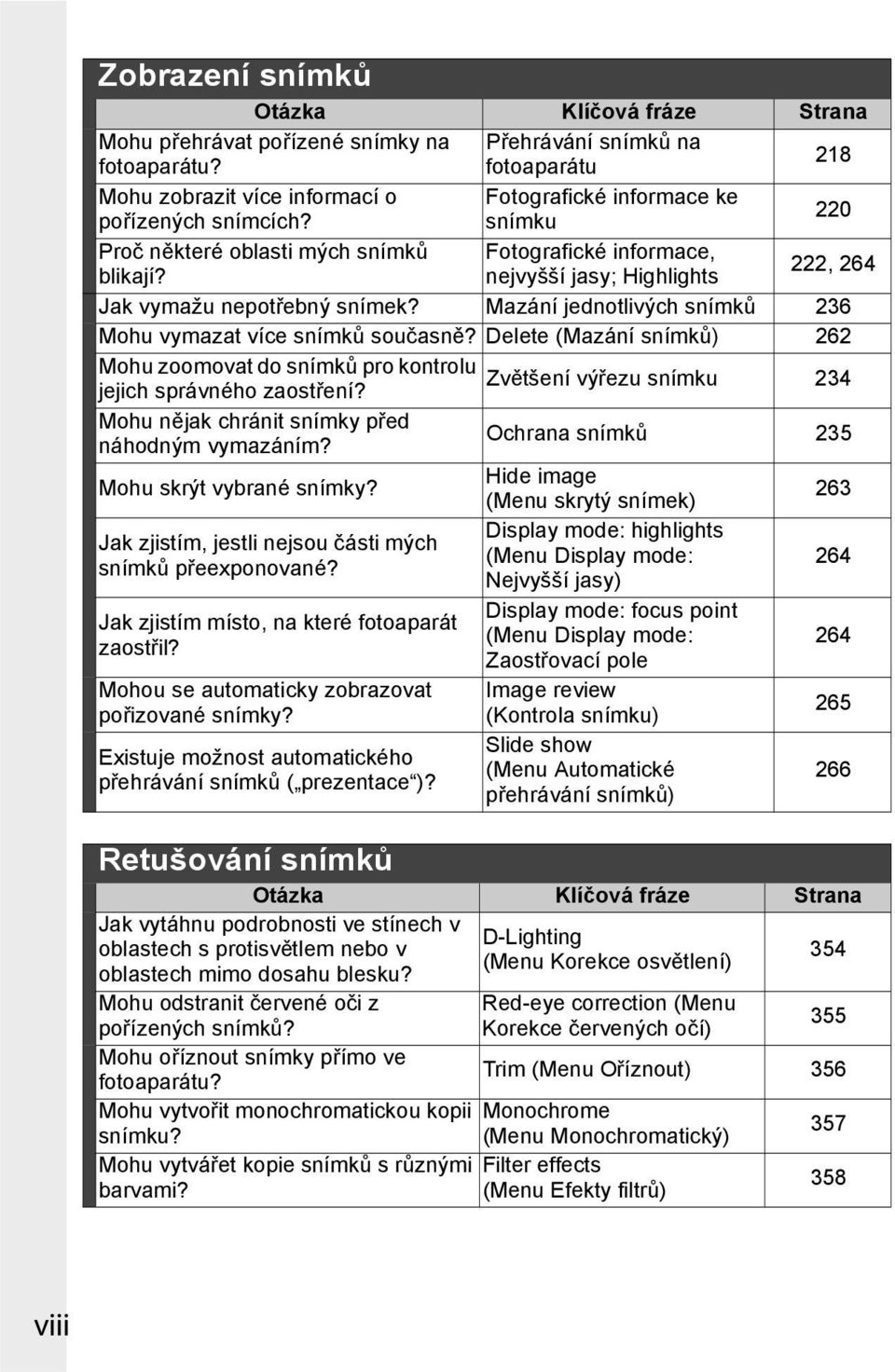 nejvyšší jasy; Highlights 222, 264 Jak vymažu nepotřebný snímek? Mazání jednotlivých snímků 236 Mohu vymazat více snímků současně?