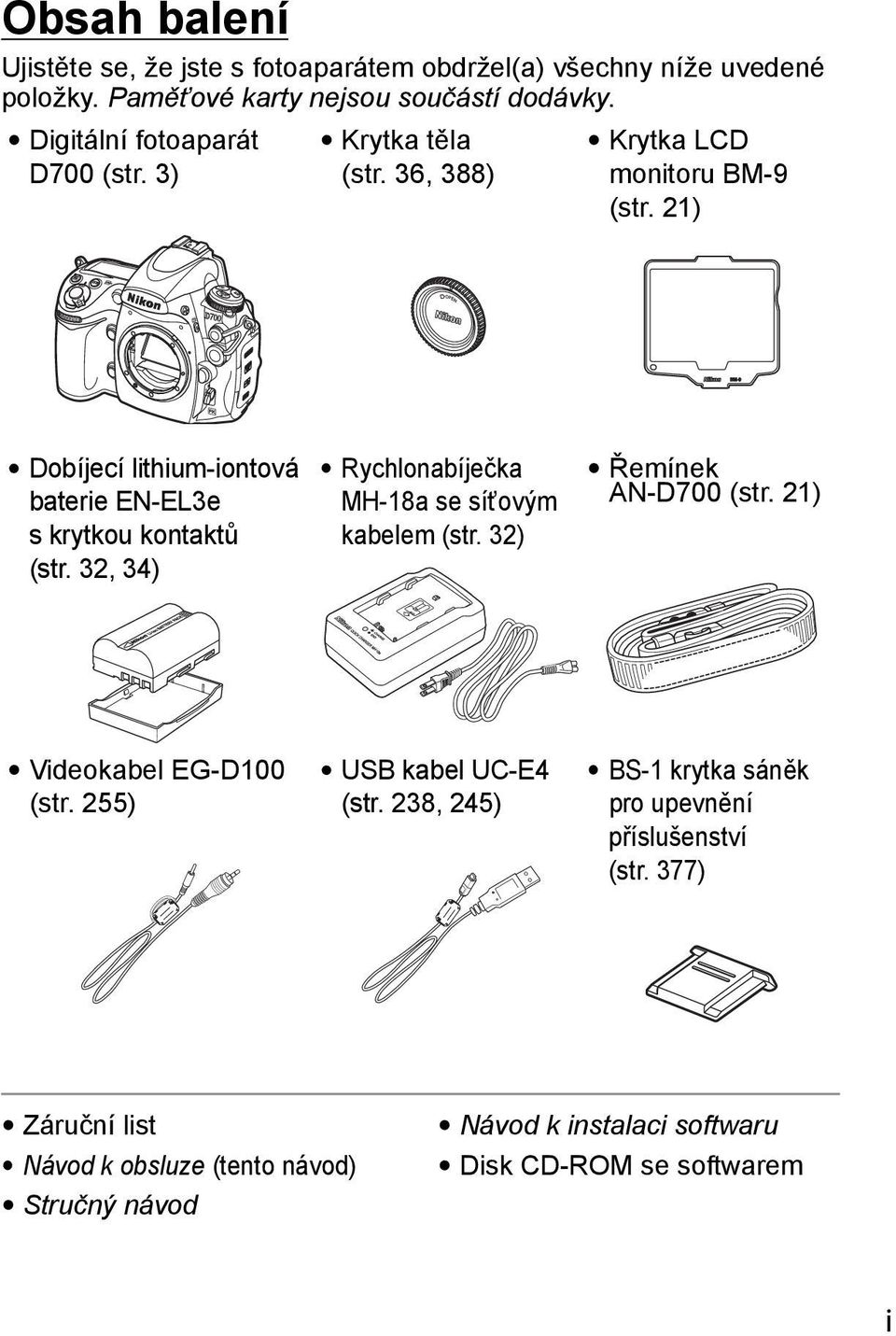 21) Dobíjecí lithium-iontová baterie EN-EL3e s krytkou kontaktů (str. 32, 34) Rychlonabíječka MH-18a se síťovým kabelem (str. 32) Řemínek AN-D700 (str.