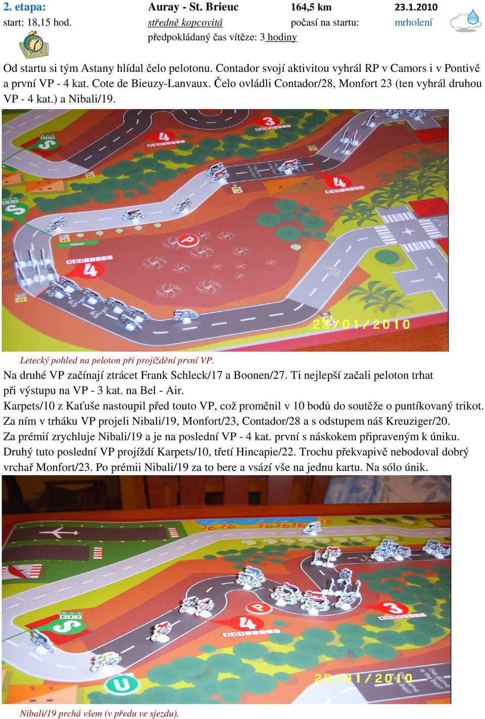 Letecký pohled na peloton při projíždění první VP. Na druhé VP začínají ztrácet Frank Schleck/17 a Boonen/27. Ti nejlepší začali peloton trhat při výstupu na VP - 3 kat. na Bel - Air.