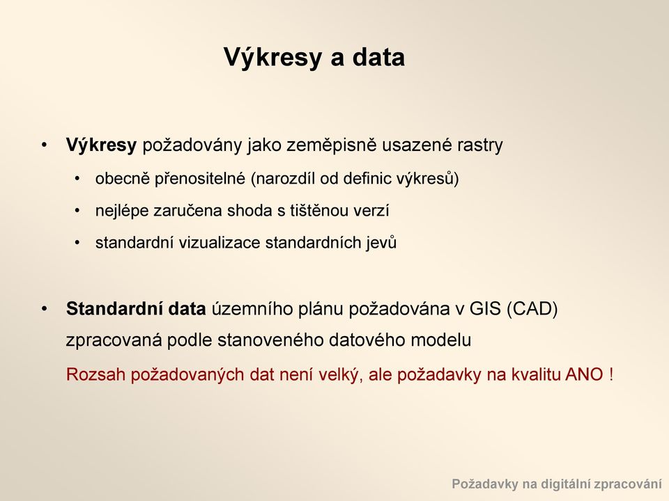 Standardní data územního plánu požadována v GIS (CAD) zpracovaná podle stanoveného datového modelu