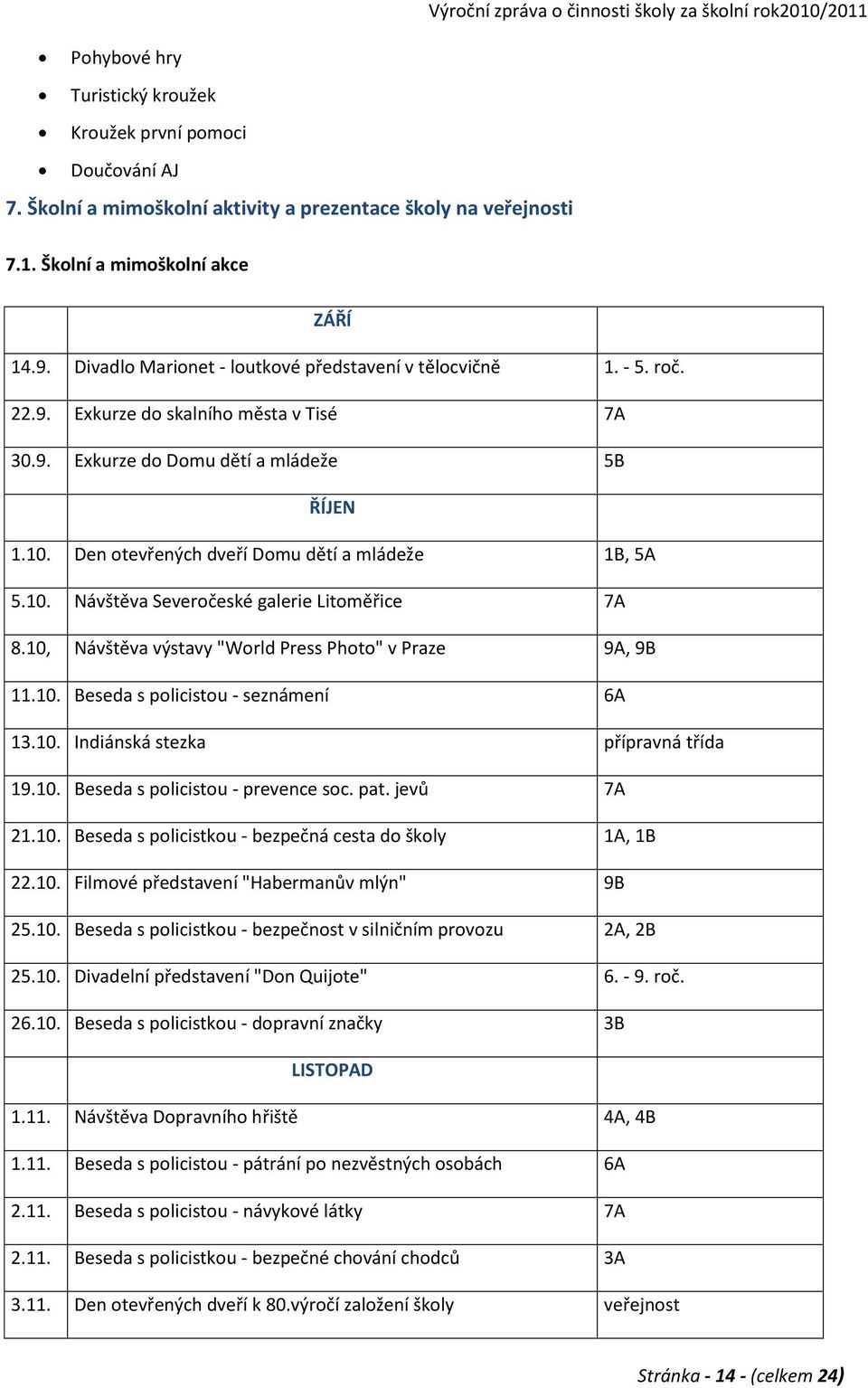 Den otevřených dveří Domu dětí a mládeže 1B, 5A 5.10. Návštěva Severočeské galerie Litoměřice 7A 8.10, Návštěva výstavy "World Press Photo" v Praze 9A, 9B 11.10. Beseda s policistou - seznámení 6A 13.