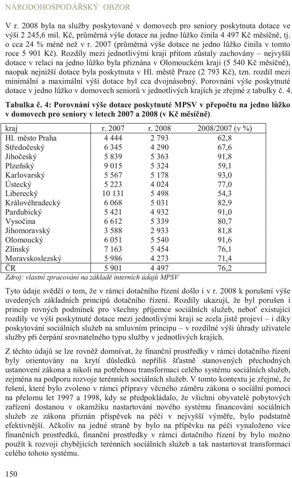 Rozdíly mezi jednotlivými kraji p itom z staly zachovány nejvyšší dotace v relaci na jedno l žko byla p iznána v Olomouckém kraji (5 540 K m sí n ), naopak nejnižší dotace byla poskytnuta v Hl.