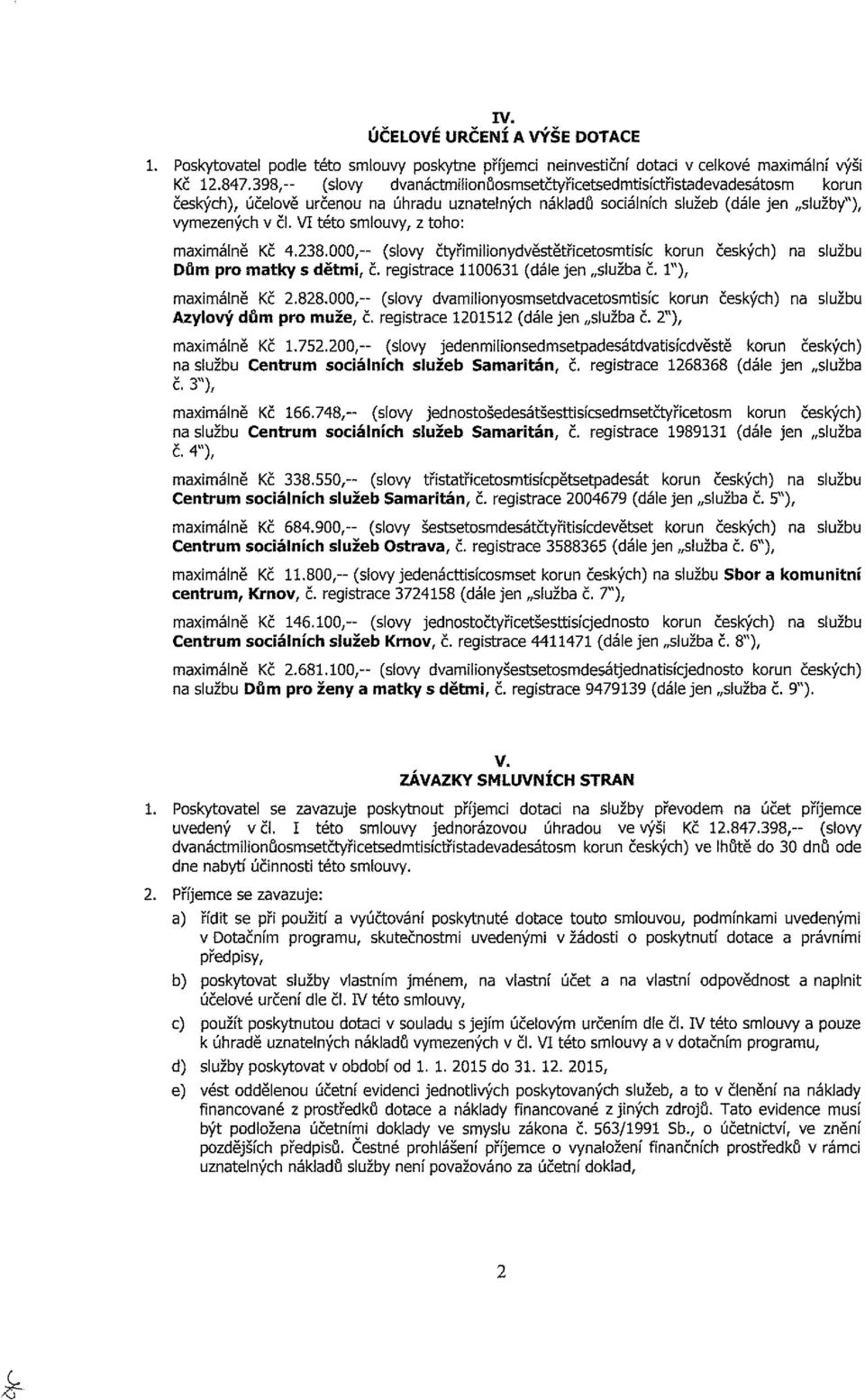 VI této smlouvy, z toho: maximálně Kč 4.238.000,-- (slovy čtyřímilionydvěstětřicetosmtisíc korun českých) na službu Dům pra matky s dětmi, č. registrace 1100631 (dále jen služba č.