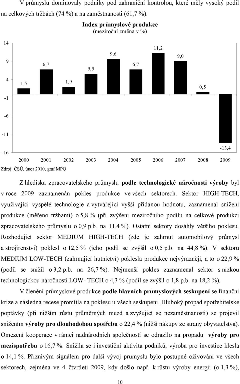 hlediska zpracovatelského průmyslu podle technologické náročnosti výroby byl v roce 2009 zaznamenán pokles produkce ve všech sektorech.