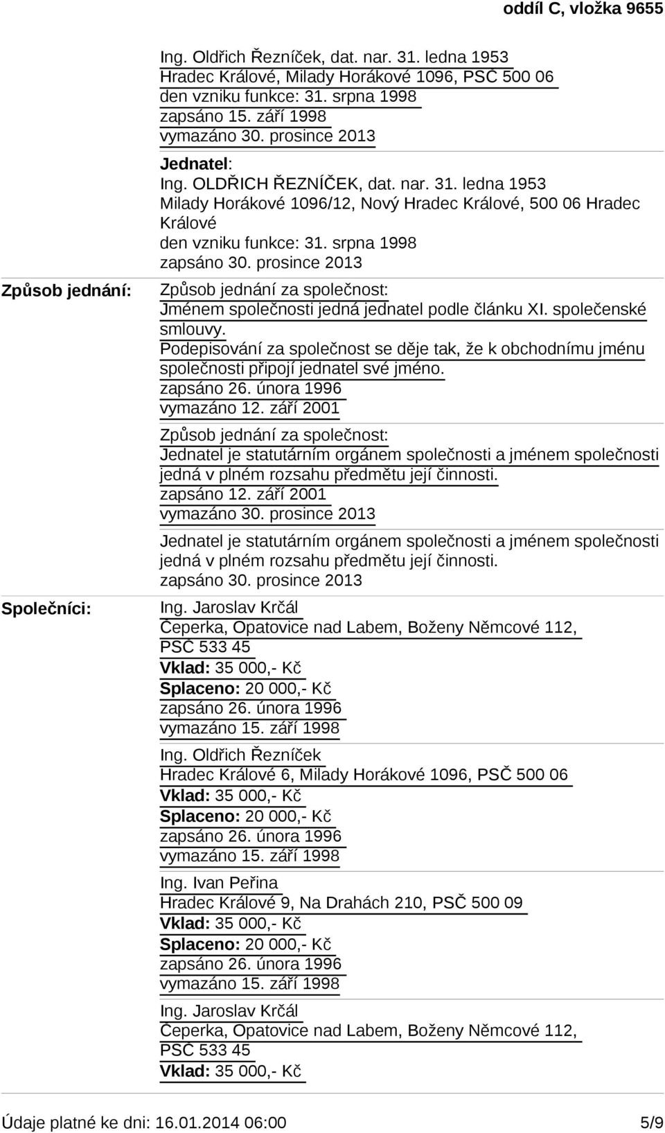 srpna 1998 Způsob jednání za společnost: Jménem společnosti jedná jednatel podle článku XI. společenské smlouvy.