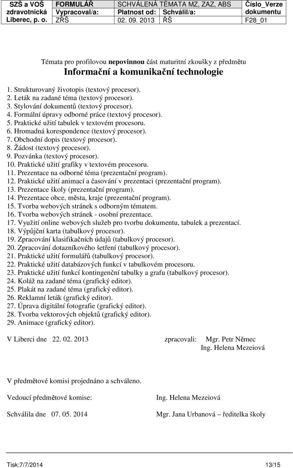 Obchodní dopis (textový procesor). 8. Žádost (textový procesor). 9. Pozvánka (textový procesor). 10. Praktické užití grafiky v textovém procesoru. 11. Prezentace na odborné téma (prezentační program).