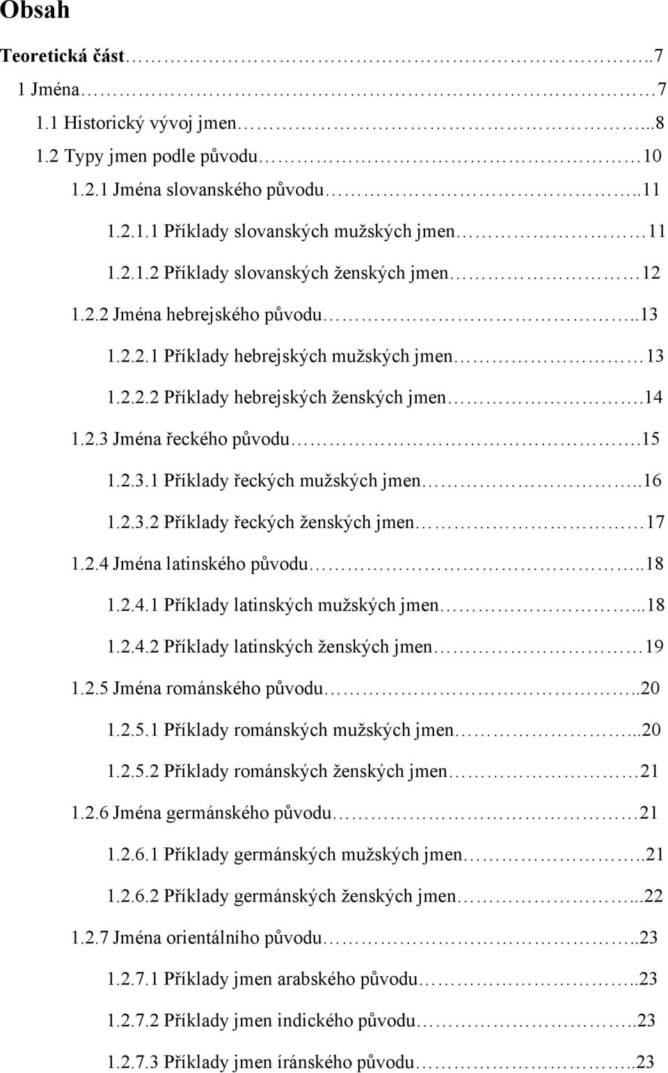 2.3.2 Příklady řeckých ţenských jmen 17 1.2.4 Jména latinského pŧvodu..18 1.2.4.1 Příklady latinských muţských jmen...18 1.2.4.2 Příklady latinských ţenských jmen 19 1.2.5 Jména románského pŧvodu.