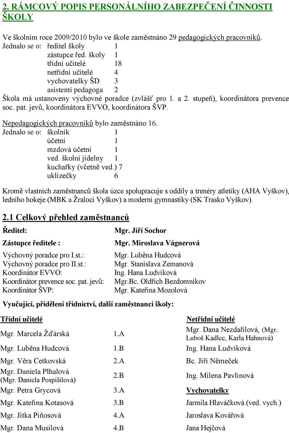 jevů, koordinátora EVVO, koordinátora ŠVP. Nepedagogických pracovníků bylo zaměstnáno 16. Jednalo se o: školník 1 účetní 1 mzdová účetní 1 ved. školní jídelny 1 kuchařky (včetně ved.