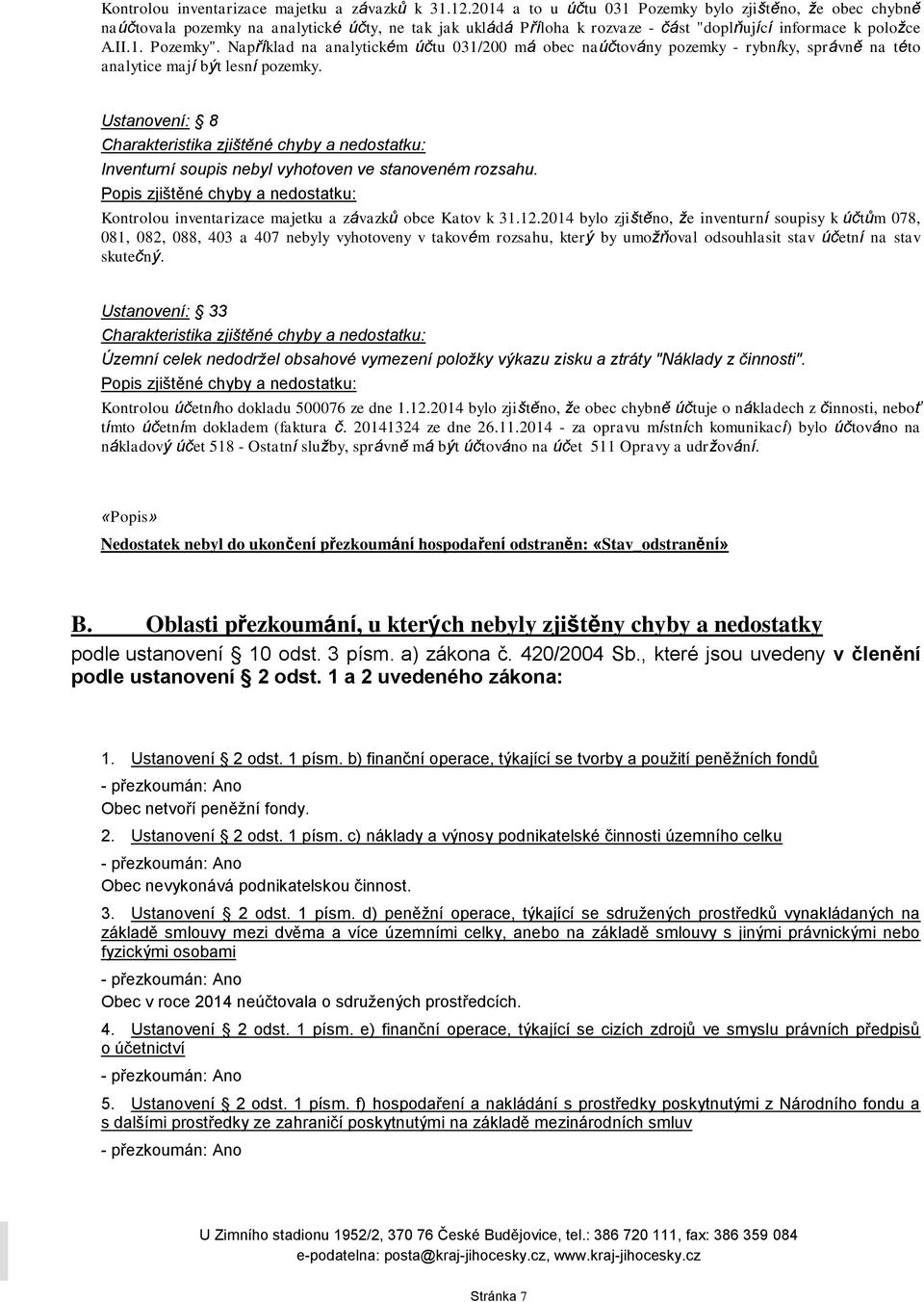 Například na analytickém účtu 031/200 má obec naúčtovány pozemky - rybníky, správně na této analytice mají být lesní pozemky. Ustanovení: 8 Inventurní soupis nebyl vyhotoven ve stanoveném rozsahu.