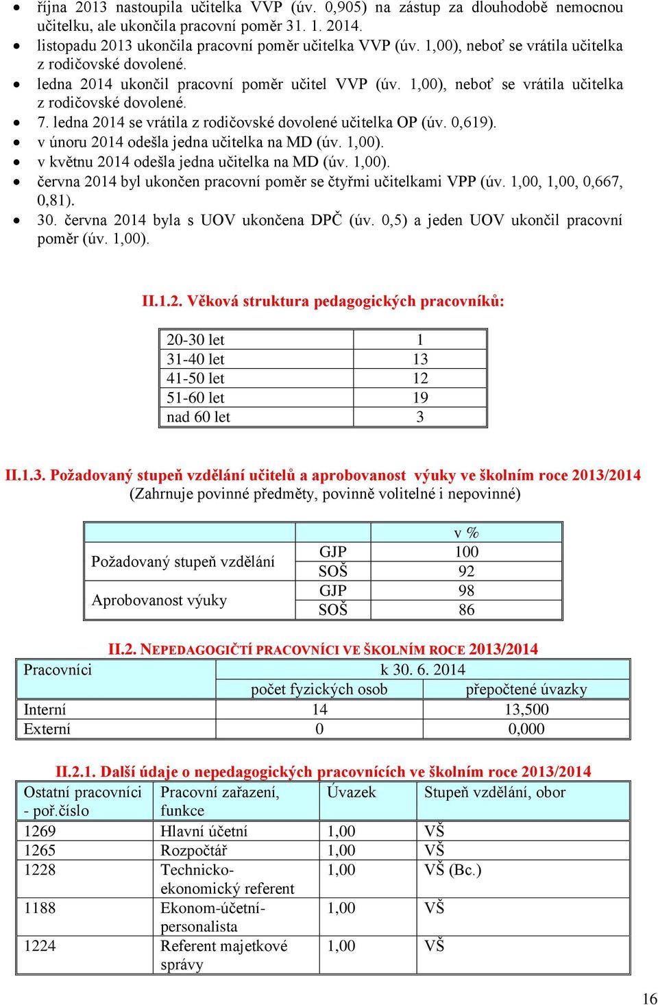 ledna 2014 se vrátila z rodičovské dovolené učitelka OP (úv. 0,619). v únoru 2014 odešla jedna učitelka na MD (úv. 1,00). v květnu 2014 odešla jedna učitelka na MD (úv. 1,00). června 2014 byl ukončen pracovní poměr se čtyřmi učitelkami VPP (úv.