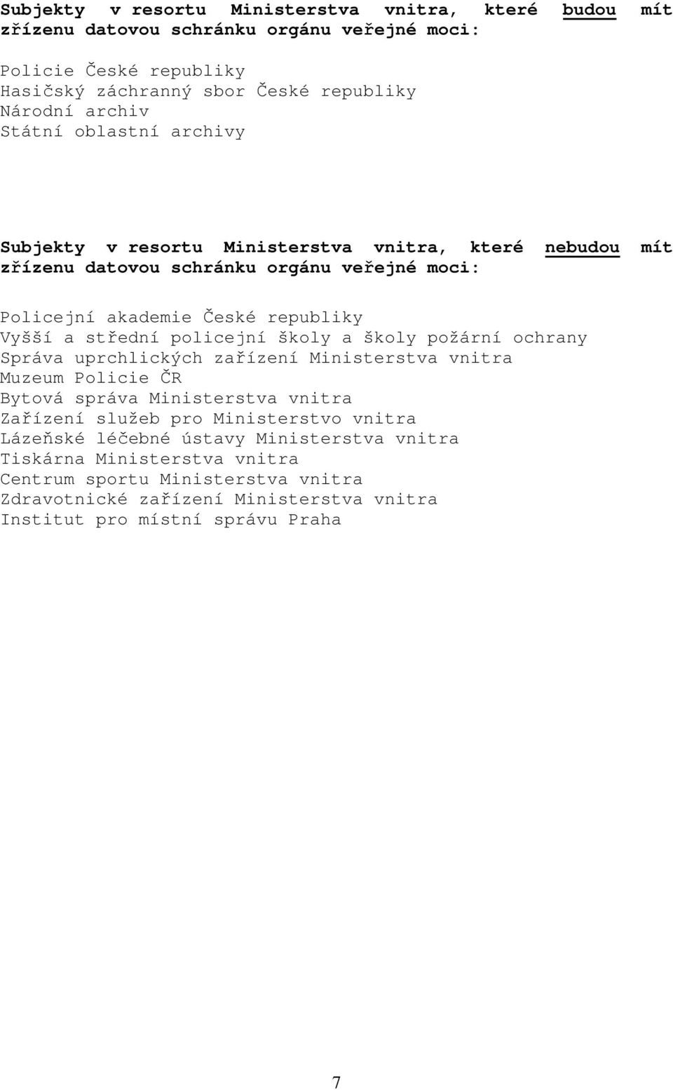 policejní školy a školy požární ochrany Správa uprchlických zařízení Ministerstva vnitra Muzeum Policie ČR Bytová správa Ministerstva vnitra Zařízení služeb pro Ministerstvo vnitra