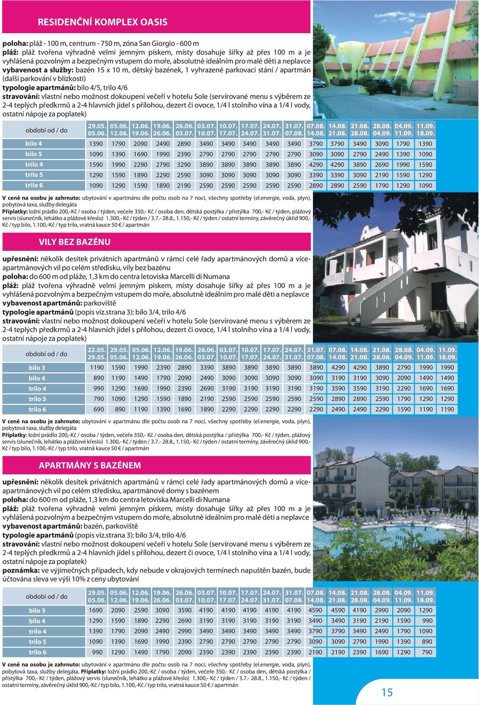 typologie apartmánù: /5, trilo 4/6 stravování: vlastní nebo možnost dokoupení veèeøí v hotelu Sole (servírované menu s výbìrem ze -4 teplých pøedkrmù a -4 hlavních jídel s pøílohou, dezert èi ovoce,