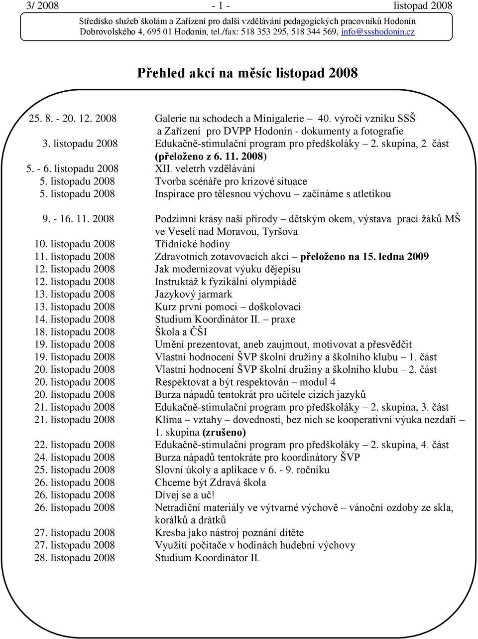 listopadu 2008 Tvorba scénáře pro krizové situace 5. listopadu 2008 Inspirace pro tělesnou výchovu začínáme s atletikou 9. - 16. 11.