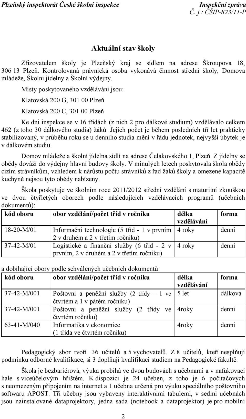 Místy poskytovaného vzdělávání jsou: Klatovská 200 G, 301 00 Plzeň Klatovská 200 C, 301 00 Plzeň Ke dni inspekce se v 16 třídách (z nich 2 pro dálkové studium) vzdělávalo celkem 462 (z toho 30