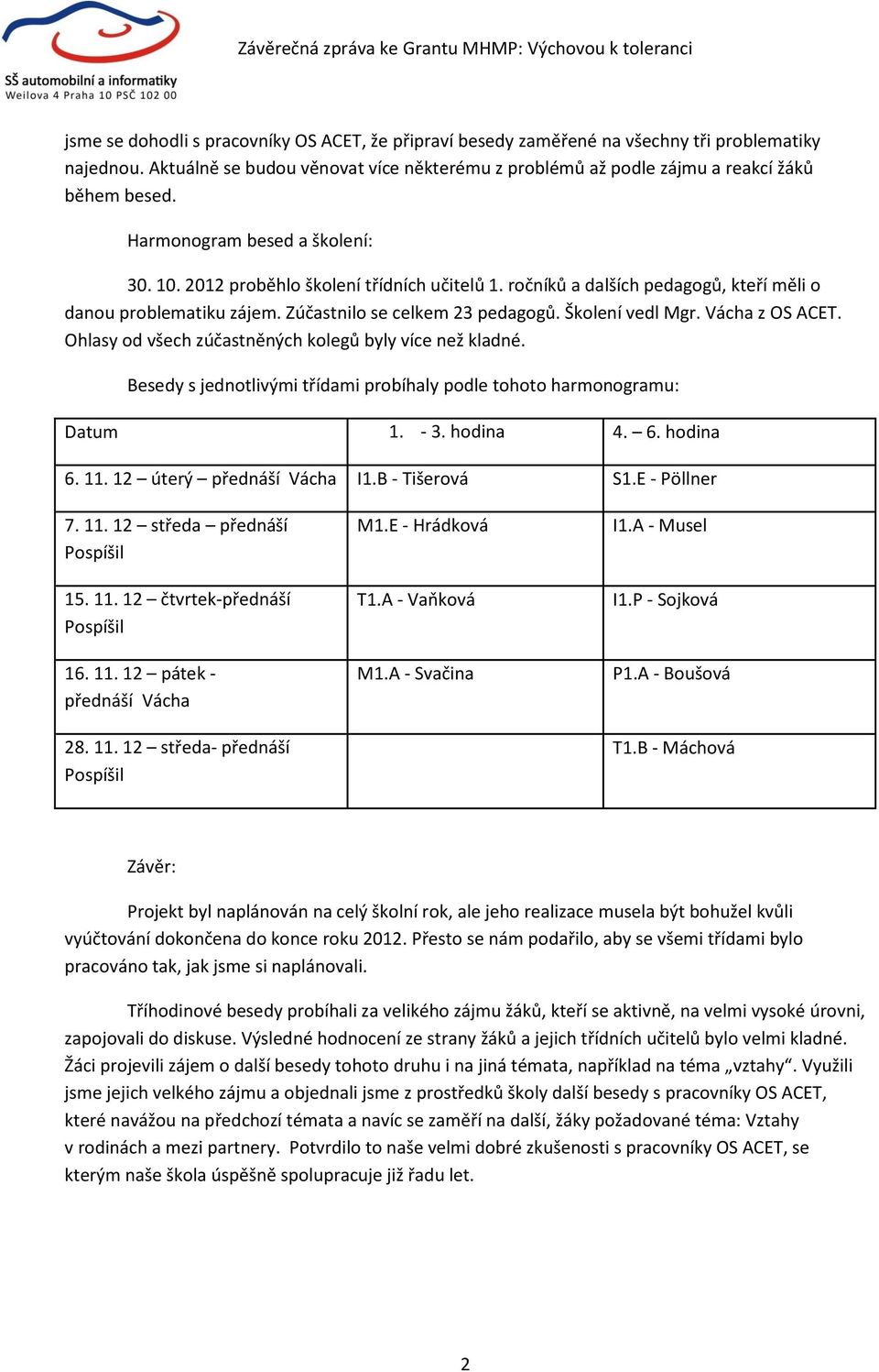 Vácha z OS ACET. Ohlasy od všech zúčastněných kolegů byly více než kladné. Besedy s jednotlivými třídami probíhaly podle tohoto harmonogramu: Datum 1. - 3. hodina 4. 6. hodina 6. 11.