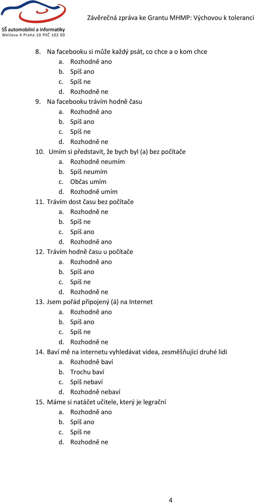 Trávím dost času bez počítače 12. Trávím hodně času u počítače 13. Jsem pořád připojený (á) na Internet 14.