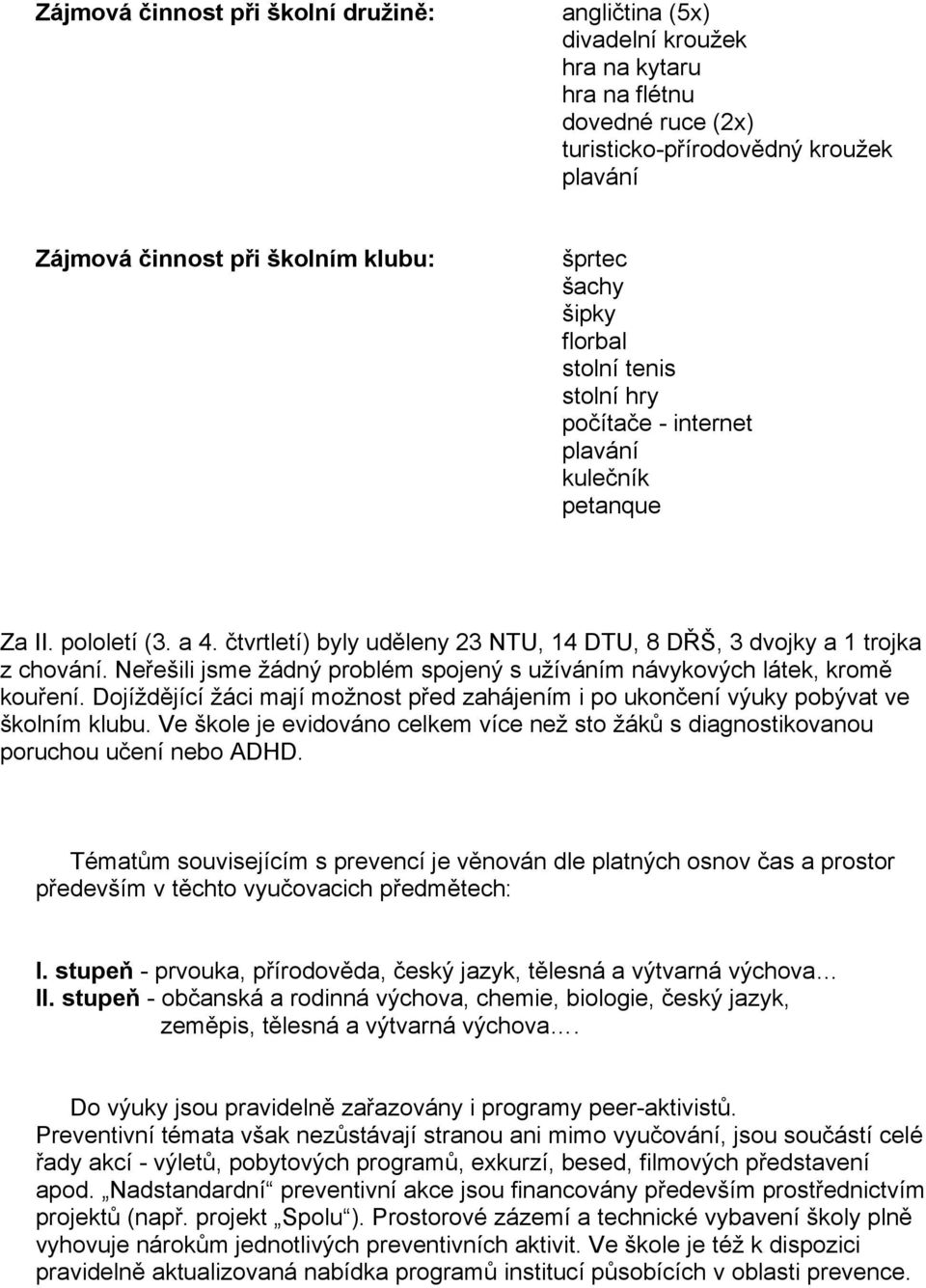 Neřešili jsme žádný problém spojený s užíváním návykových látek, kromě kouření. Dojíždějící žáci mají možnost před zahájením i po ukončení výuky pobývat ve školním klubu.