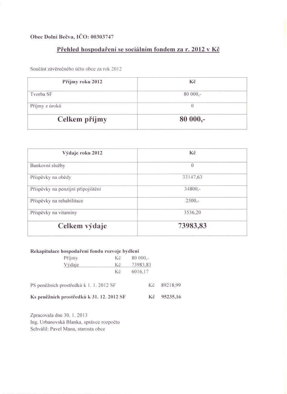 Příspěvky na obědy 33147,63 Příspěvky na penzijní připojištění 34800,- Příspěvky na rehabilitace 2500,- Příspěvky na vitamíny 3536,20 Celkem výdaje 73983,83 Rekapitulace