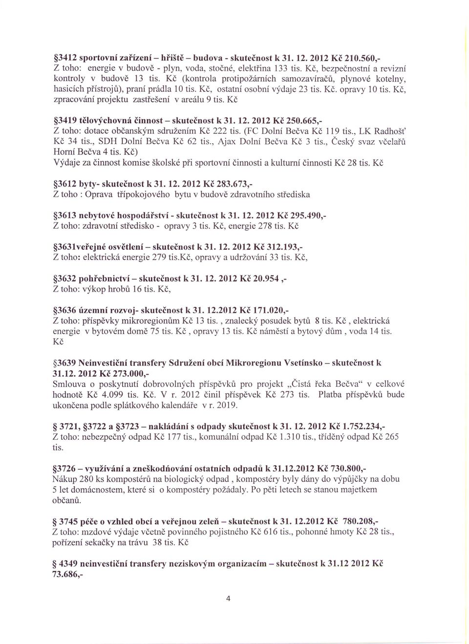 Kč, zpracování projektu zastřešení v areálu 9 tis. Kč 3419 tělovýchovná činnost - skutečnost k 31. 12.2012 Kč 250.665,- Z toho: dotace občanským sdružením Kč 222 tis. (FC Dolní Bečva Kč 119 tis.