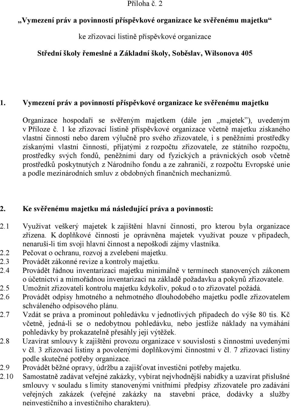 1 ke zřizovací listině příspěvkové organizace včetně majetku získaného vlastní činností nebo darem výlučně pro svého zřizovatele, i s peněžními prostředky získanými vlastní činností, přijatými z