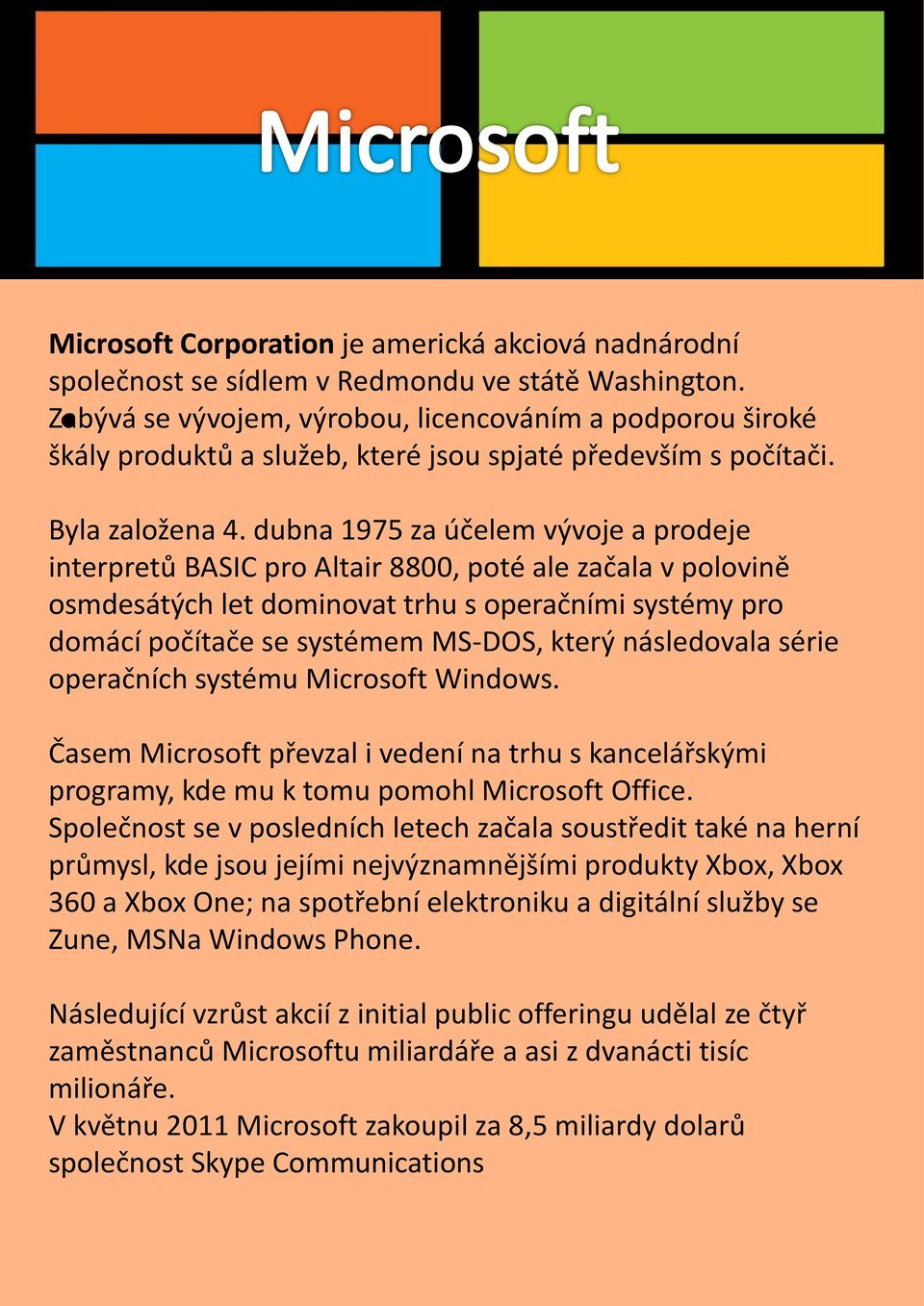 dubna 1975 za účelem vývoje a prodeje interpretů BASIC pro Altair 8800, poté ale začala v polovině osmdesátých let dominovat trhu s operačními systémy pro domácí počítače se systémem MS-DOS, který