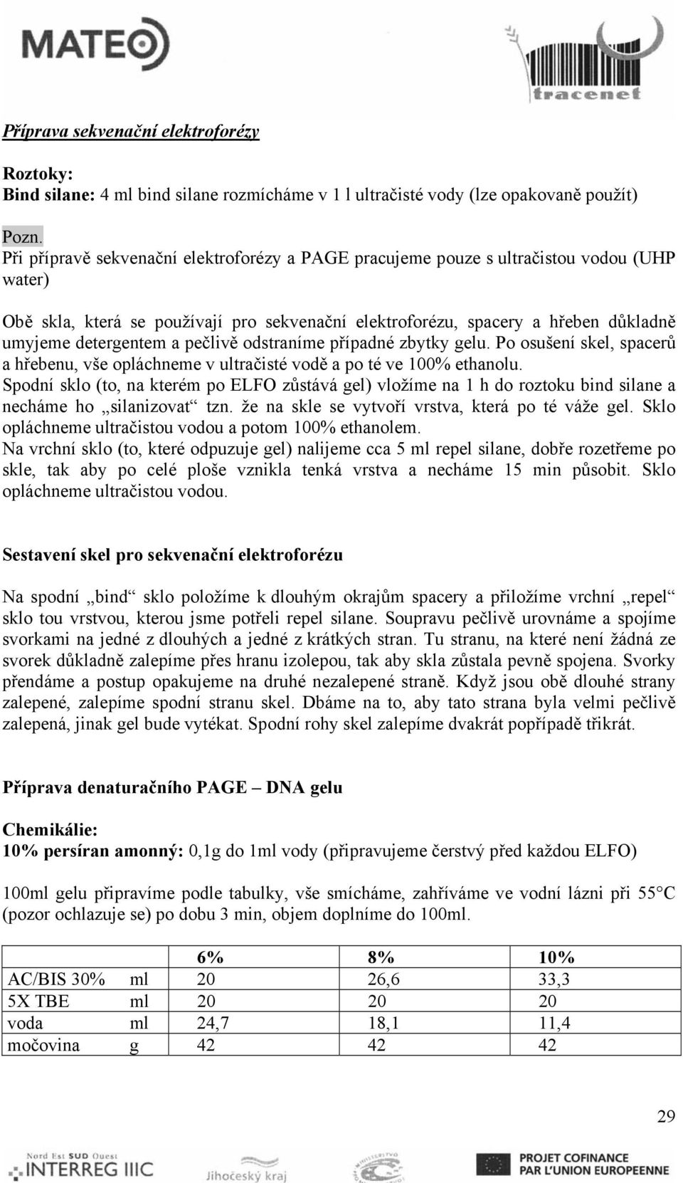 pečlivě odstraníme případné zbytky gelu. Po osušení skel, spacerů a hřebenu, vše opláchneme v ultračisté vodě a po té ve 100% ethanolu.