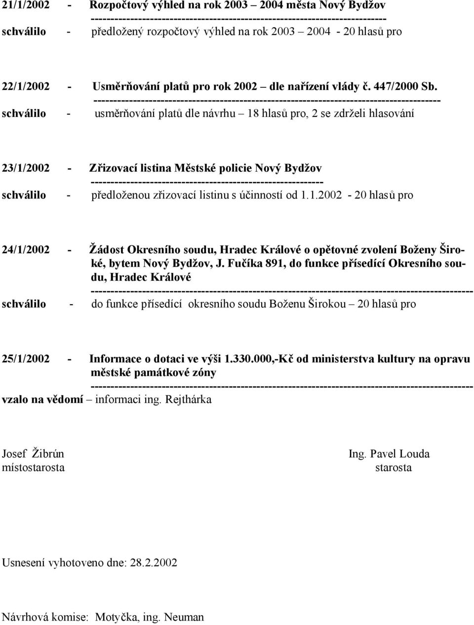 ---------------------------------------------------------------------------------------- schválilo - usměrňování platů dle návrhu 18 hlasů pro, 2 se zdrželi hlasování 23/1/2002 - Zřizovací listina