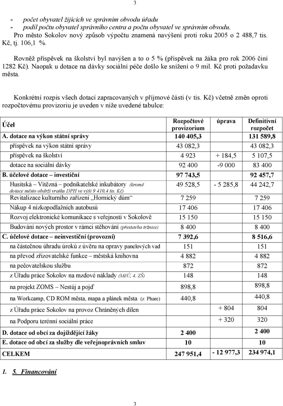 Rovněž příspěvek na školství byl navýšen a to o 5 % (příspěvek na žáka pro rok 2006 činí 1282 Kč). Naopak u dotace na dávky sociální péče došlo ke snížení o 9 mil. Kč proti požadavku města.