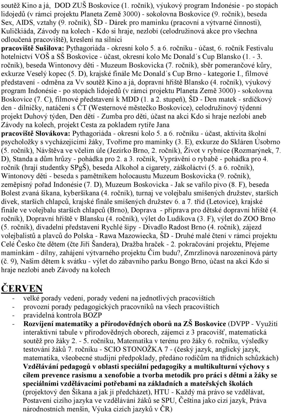 pracoviště Sušilova: Pythagoriáda - okresní kolo 5. a 6. ročníku - účast, 6. ročník Festivalu hotelnictví VOŠ a SŠ Boskovice - účast, okresní kolo Mc Donald s Cup Blansko (1. - 3.